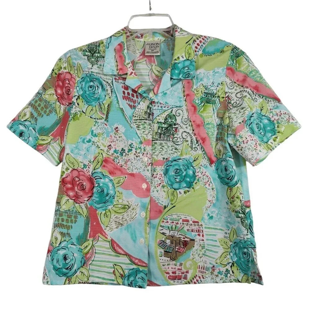 Vintage Allison Daley Button Up Shirt Blouse Top Women Petite Size 6P Collared